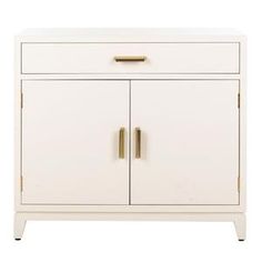 a white cabinet with two doors and gold handles on the bottom, against a white background