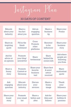 the 30 days of content plan for instagrams and social media posts, with text overlay