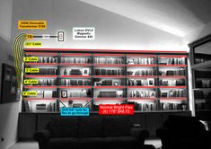 a living room filled with furniture and bookshelves in black and white, surrounded by red and yellow lines