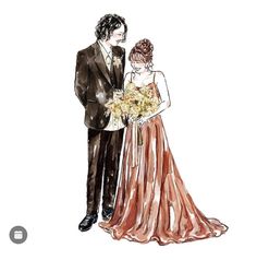 a watercolor painting of a bride and groom standing next to each other in front of a white background