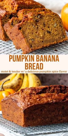 pumpkin banana bread on a cooling rack with oranges and bananas