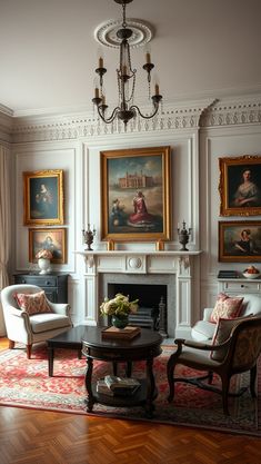 a living room filled with furniture and paintings on the wall next to a fire place