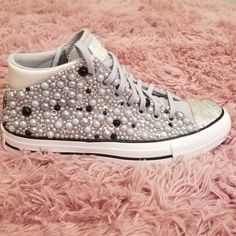 Womens Size 7 Revamped Bling Converse Silver Embellished Low-top Sneakers, Silver Embellished Sneakers With Round Toe, Silver Embellished Round Toe Sneakers, Silver Low-top Sneakers With Bling, Silver Low-top Sneakers With Silver Studs, Silver High-top Sneakers With Rhinestones, Silver Bling Low-top Sneakers, Silver Sparkling Sneakers With Round Toe, Silver Rhinestone Sneakers With Round Toe