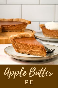 a slice of apple butter pie on a plate with the rest of the pie in the background