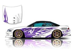 the car is painted purple and white with flames on it's side, as well as an emblem