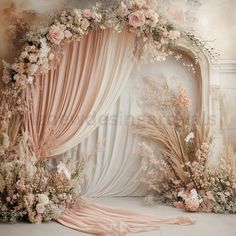 an image of a wedding stage setting with flowers and drapes on the curtained wall