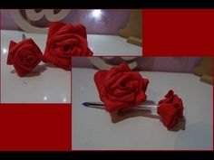 three images of red roses being made with scissors