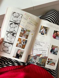 a person is holding an open book with pictures on it and the pages are covered in photos