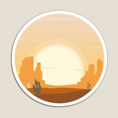 a round sticker with an image of the sun setting behind some cactus trees and buildings