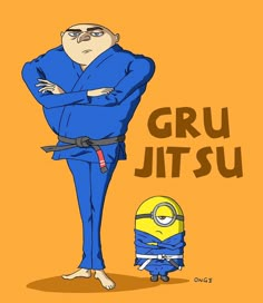 a cartoon character standing next to a minion with the words gru jitsu on it