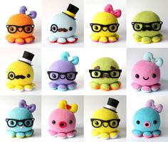 there are many different stuffed animals with glasses and hats on each one's head