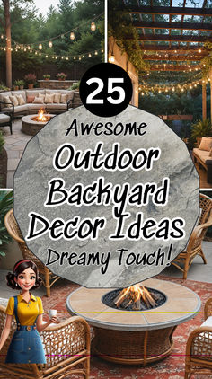 an outdoor backyard decor idea with text overlay