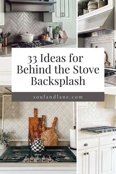 kitchen backsplashes with white cabinets and black counter tops in the center, an oven