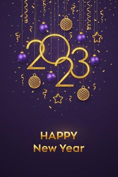 a purple and gold happy new year card with the number twenty two, hanging from strings