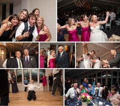 a collage of photos showing people dancing and having fun at a wedding reception in the ballroom