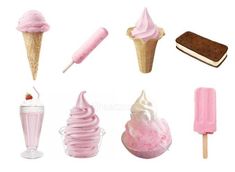 an assortment of ice cream and dessert items