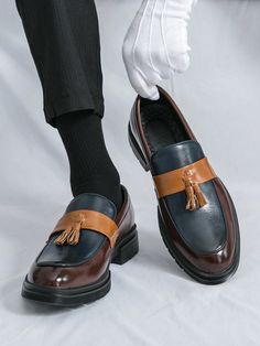 Men's Black & White Patchwork Leather Formal Dress Shoes, Tassel Pointy Toe Thick Sole Slip-On Loafers For Office, Outdoor, Indoor, Party, Wedding, Groom Marriage Ceremony Brown Blue     Plain    Men Shoes, size features are:Bust: ,Length: ,Sleeve Length: Suede Shoes Men, Tassel Shoes, Men Suede, Business Formal, Formal Shoes, Mode Inspiration, Men Shoes Size, Suede Shoes, British Style