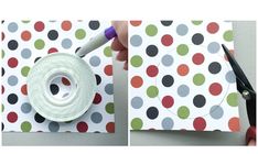 two pictures showing how to make a polka dot gift wrapper with scissors and tape