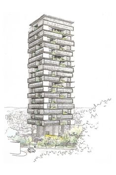 a drawing of a tall building with lots of balconies on the top floor