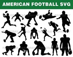 the silhouettes of american football players in various poses and positions, all with different uniforms