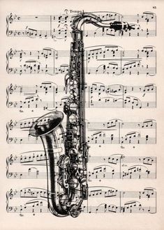 an old sheet music with musical notes and a saxophone