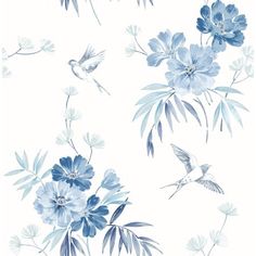 a blue and white floral wallpaper with hummingbirds flying over the flowers on it