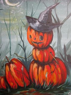 a painting of a pumpkin with a witch hat on it's head sitting in the grass