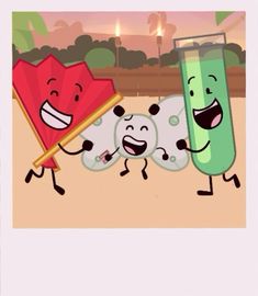 two cartoon characters holding an umbrella in front of another character with a green tube and red umbrella