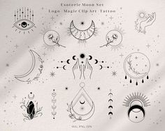 an assortment of tattoo designs on paper with stars, moon and sun in the background