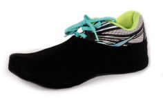 a pair of black and green shoes with blue laces on the outseats