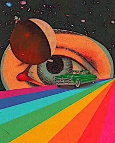 an image of a car in the middle of a rainbow - filled sky with planets