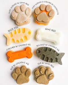 an assortment of dog treats on a white surface with words describing the different types of dogs