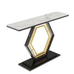 a white table with a black base and a gold geometric design on the top that is shaped like an octagon