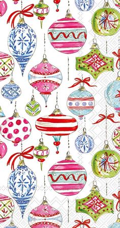 christmas ornaments on white paper with red and green ribbon hanging from the top of each ornament