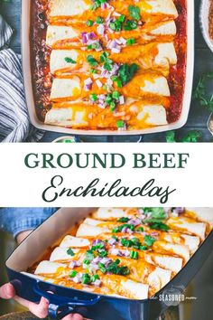 ground beef enchiladas in a casserole dish