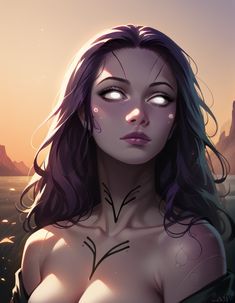 a woman with purple hair and tattoos on her chest is staring into the distance while standing in front of mountains