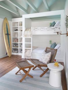 an instagramted photo of a bedroom with a bunk bed and surfboard on the wall