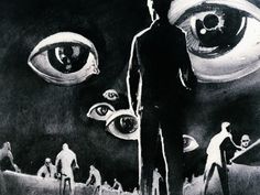 a man standing in front of an eyeball with people looking at it from the other side