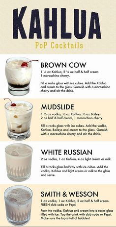 the cocktail menu for kahlua, which includes two different drinks and four different ingredients