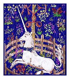 an image of a unicorn on a fence with flowers and vines in the background,