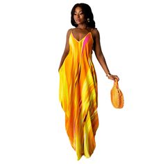 Sexy Fashion Streetwear Tie Dye Print Sleeveless Strap V-neck Women Sundress Loose Maxi Dress Orange V-neck Sleeveless Summer Dress, Trendy V-neck Party Sundress, Halter Neck V-neck Dress For Summer Beach, Summer Halter Neck V-neck Dress For Beach, Orange V-neck Sundress, V-neck Sleeveless Dress For Beach Party, Trendy V-neck Sundress For Vacation, Yellow V-neck Sundress For Summer, Sleeveless Summer V-neck Beach Dress