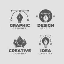 four logos for graphic design studio, including pencils and an origami wheel