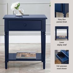 the side table is blue and has two drawers on each side with one drawer open