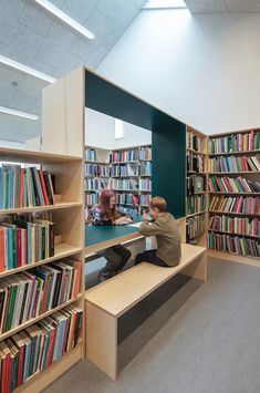 two people sitting at a table in a library with bookshelves full of books