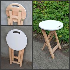 four different pictures of folding stools with handles on each side and one without the top