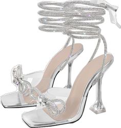 Party Heels With Bow, Glamorous Silver Heels With Bow, Party Sandals With Bow And High Heel, Party Sandals With Bow, Glamorous Bow Sandals For Night Out, Bow Heels, Clear Heels, Heeled Sandals, Heel Sandals