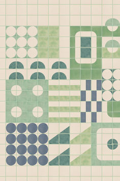 Bauhaus-inspired layout design of ceramic tiles in green and blue Bauhaus Tiles, Tiled Feature Wall, Terrazzo Floor Design, Geometric Tiles Bathroom, Modern Tiles, Bathroom Tile Designs, Bauhaus Design