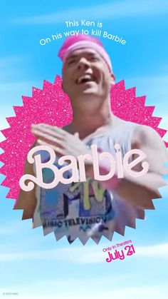 a man with pink hair is holding his hands out in front of him and the words barbie