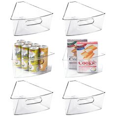 four clear bins with food and drinks in them