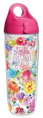 the best mom ever sippy cup is pink and has floral designs on it,